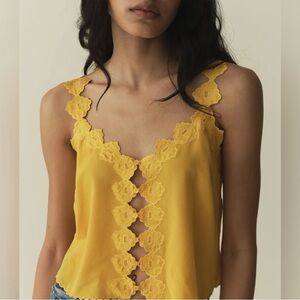 Flores Silk Top in Goldenrod Floral Embroidered Applique Scallop Camisole L